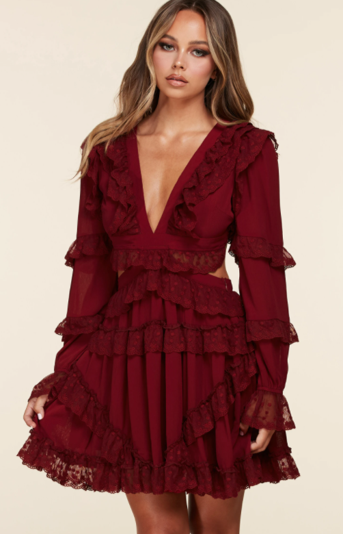 Long Sleeve Burgundy Mini Dress